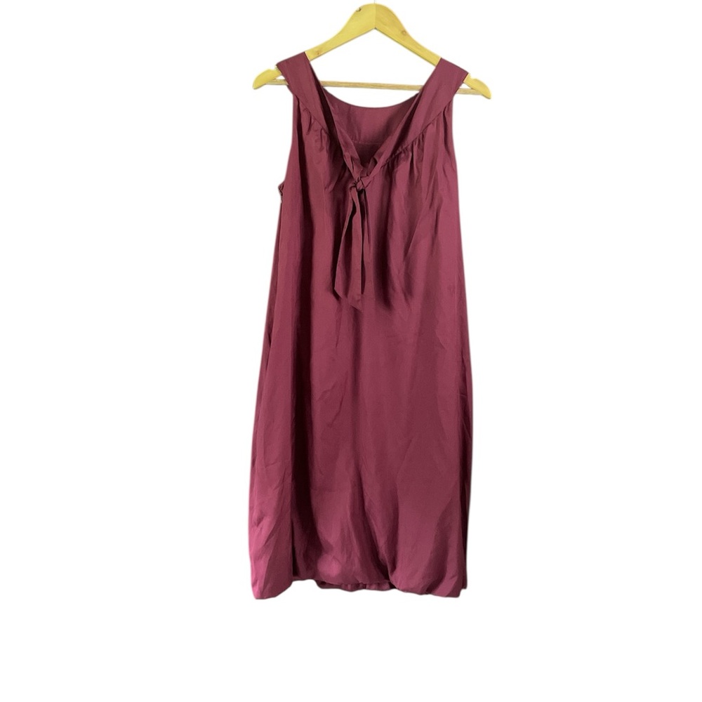 Ellen Tracy Silk Burgundy Bobble Hem Blouson Dress With Bow And Pockets
